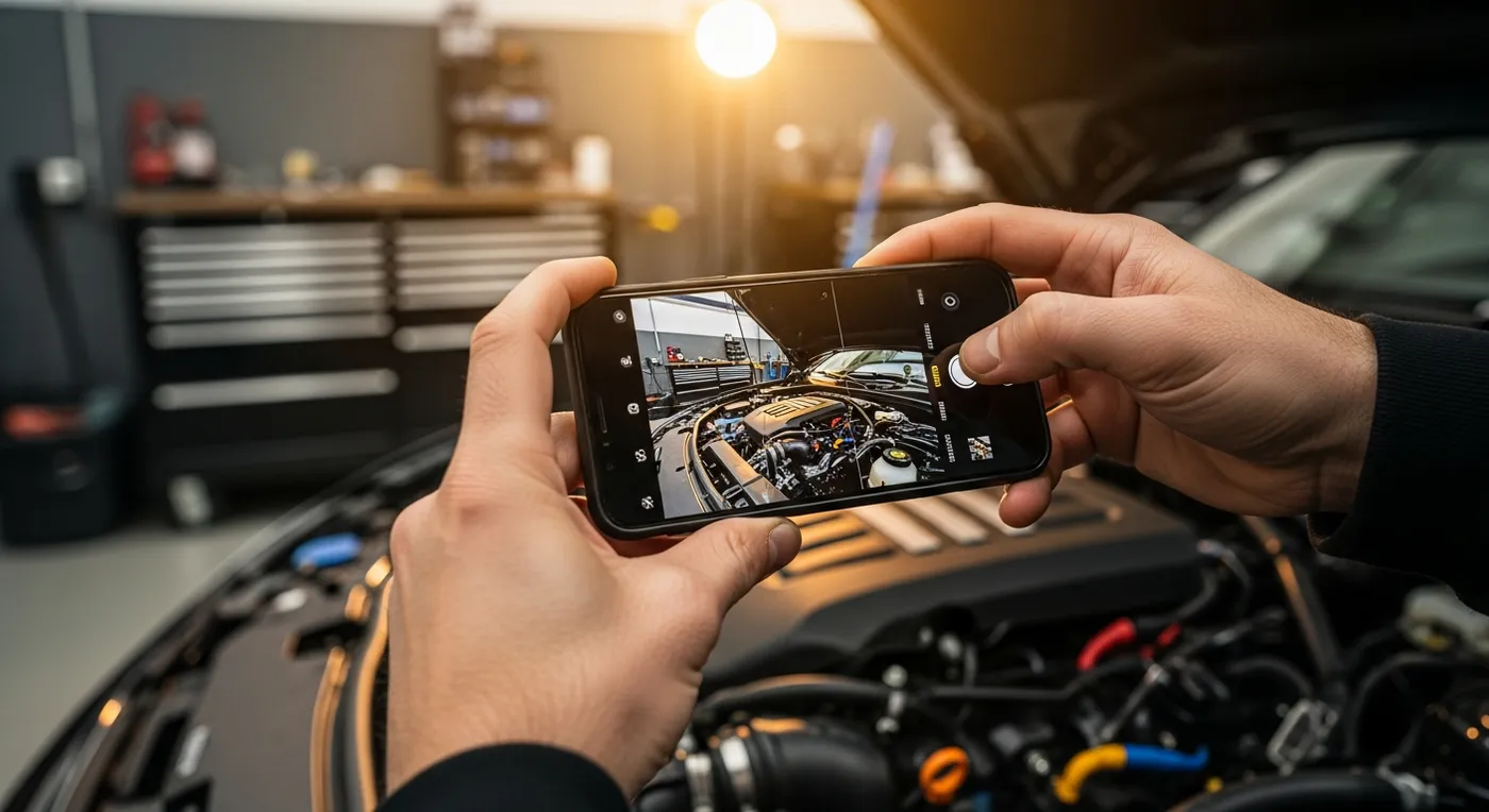 Persona fotografiando el motor de un carro con el teléfono para identificar un repuesto
